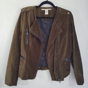 Chelsea & Violet Bomber Jacket Cotton Velvet Olive Green Brown Zipper Pockets